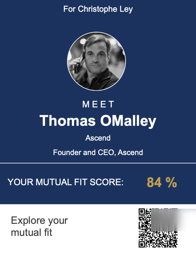 Icebreaker card front showing attendee match with mutual fit score